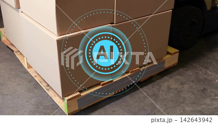 Displaying stacked cardboard cartons on wooden pallet in warehouse, with blue AI graphic Displaying stacked cardboard cartons on wooden pallet in warehouse, with blue AI graphic 142643942