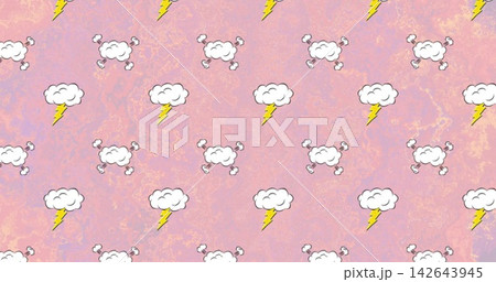 Displaying tiled storm cloud motifs on pastel pink marble backdrop, with white clouds, yellow bolts 142643945