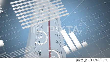 Displaying vertical gauge with red indicator and 69% dial on blue dashboard, with white bar chart 142643964