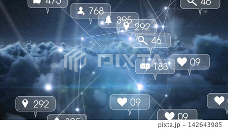 Floating cluster of notification bubbles and glowing nodes spanning night clouds, showing counters Floating cluster of notification bubbles and glowing nodes spanning night clouds, showing counters 142643985