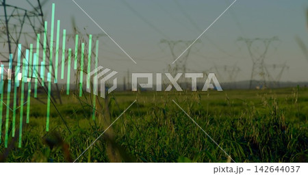 Capturing foreground tall grasses swaying on rural plain near power pylons, with turquoise overlay Capturing foreground tall grasses swaying on rural plain near power pylons, with turquoise overlay 142644037