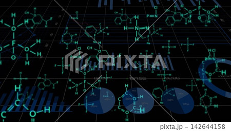 Displaying chemical data on dark grid, showing molecular diagrams, charts, readouts, element labels 142644158