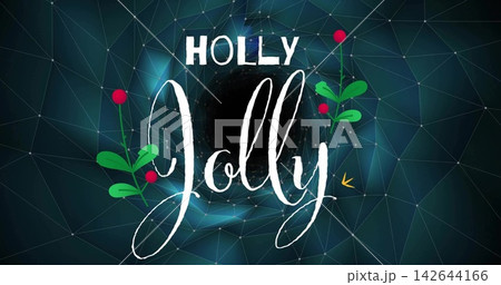 Featuring holiday banner showing HOLLY and white Jolly script at center with holly sprigs and mesh Featuring holiday banner showing HOLLY and white Jolly script at center with holly sprigs and mesh 142644166