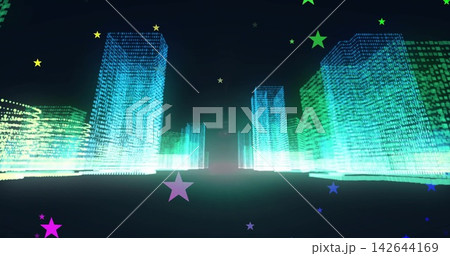 Leading neon corridor drawing focus toward horizon glow at night, with grid-like tower outlines 142644169