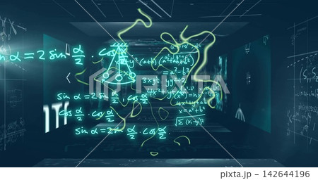 Glowing hologram showing teal equations floating in dark tunnel room with chalkboard scribbles Glowing hologram showing teal equations floating in dark tunnel room with chalkboard scribbles 142644196