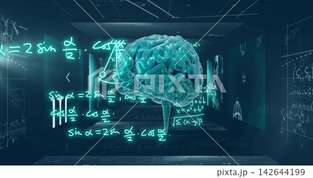 Hovering cyan glowing human brain hologram projecting neon equations in dark corridor, with panels Hovering cyan glowing human brain hologram projecting neon equations in dark corridor, with panels 142644199