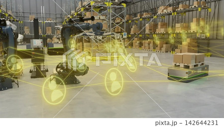 Operating articulated industrial robotic arm moving in large warehouse center with AMR, AR overlays 142644231