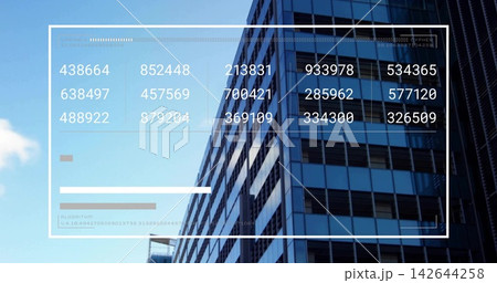 Overlaying translucent HUD on louvered glass-metal high-rise at street-level, showing progress bars 142644258