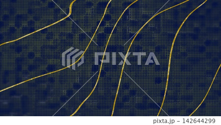 Curving metallic gold bands sweeping across navy-blue abstract plane, showing golden grid and tiles 142644299