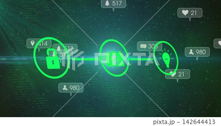 Linking padlock, blocked camera, lightbulb icons via glowing line on green dashboard with counters 142644413