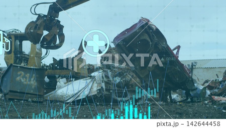 Operating hydraulic excavator grapple lifting crushed car bodies at salvage yard, with HUD overlays Operating hydraulic excavator grapple lifting crushed car bodies at salvage yard, with HUD overlays 142644458