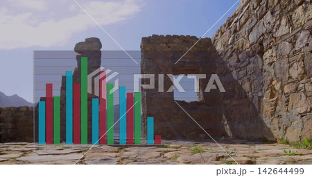 Showing weathered stone wall casting long shadow in sunlit ruin courtyard, with bar chart overlay 142644499