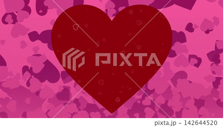 Displaying large maroon heart centered in vector, with tiny outline hearts inside and pink pattern 142644520
