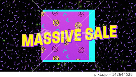 Showing bold yellow MASSIVE SALE title covering purple square on retro promo banner with cyan frame 142644529