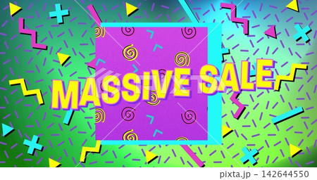 Displaying bold yellow MASSIVE SALE headline floating over magenta square with cyan frame in poster 142644550