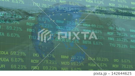 Displaying dotted globe floating over trading dashboard, showing ticker codes and percentages Displaying dotted globe floating over trading dashboard, showing ticker codes and percentages 142644625