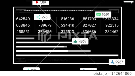 Displaying white-framed dashboard showing six-digit columns, progress bars, metric badges on black Displaying white-framed dashboard showing six-digit columns, progress bars, metric badges on black 142644860
