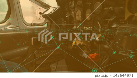 Showing cockpit panel, yoke occupying center in plane, with red knob throttle and green AR overlay Showing cockpit panel, yoke occupying center in plane, with red knob throttle and green AR overlay 142644971