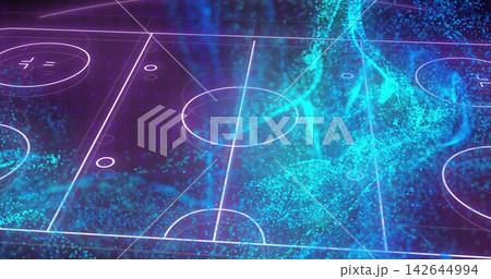 Displaying holographic sports pitch with turquoise particle stream in studio, dotted grid texture Displaying holographic sports pitch with turquoise particle stream in studio, dotted grid texture 142644994