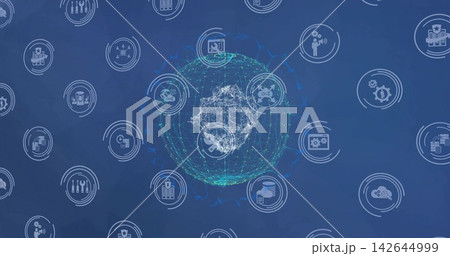 Displaying central wireframe globe pulsing with nodes on blue dashboard, with concentric ring icons 142644999