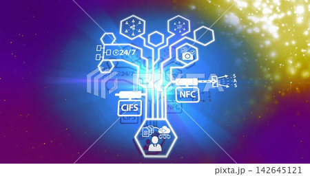 Glowing network-tree branching neon-lines in abstract backdrop, showing CIFS NFC hexes and avatar Glowing network-tree branching neon-lines in abstract backdrop, showing CIFS NFC hexes and avatar 142645121