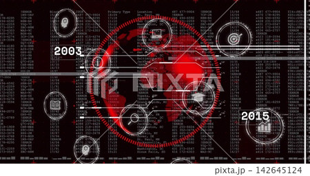 Displaying red globe featuring red dotted ring on dashboard, showing HUD nodes and logs 2003 or 2015 142645124