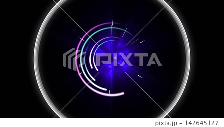 Glowing circular interface filling black void, showing pink cyan neon arcs, tick marks, purple core 142645127
