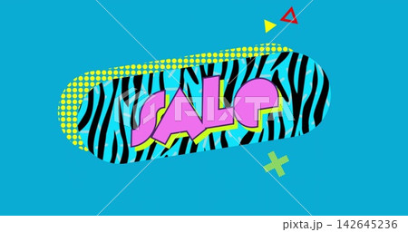 Showing zebra-striped capsule displaying bold pink SALE text on cyan, with halftone dot border Showing zebra-striped capsule displaying bold pink SALE text on cyan, with halftone dot border 142645236