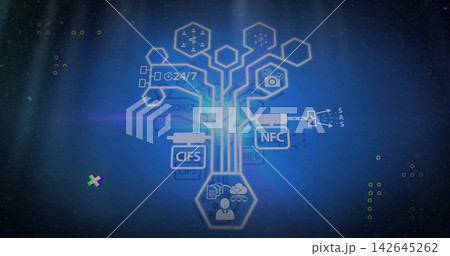 Showing glowing circuit tree linking user hexagon to server, 24 or 7, CIFS, NFC, SAS on blue gradien Showing glowing circuit tree linking user hexagon to server, 24 or 7, CIFS, NFC, SAS on blue gradien 142645262