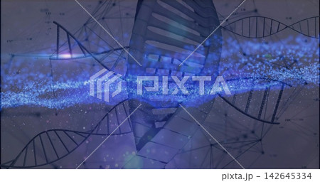 Displaying stylized double helix centering in biotech graphic, with blue stream, schematics, flares Displaying stylized double helix centering in biotech graphic, with blue stream, schematics, flares 142645334