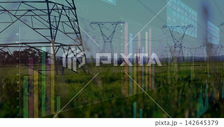 Showing power pylons and lines receding across rural corridor over grassy field, with data overlays Showing power pylons and lines receding across rural corridor over grassy field, with data overlays 142645379