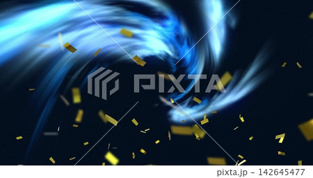 Swirling blue light vortex moving through abstract digital scene, with gold confetti and sparks 142645477