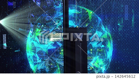 Displaying rack front with central handle and hexagonal-mesh door in server room, showing lit globe 142645612