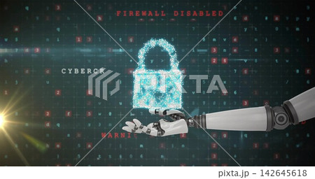 Displaying glowing cyan padlock pulsing at virtual grid center, with robotic arm and red warning Displaying glowing cyan padlock pulsing at virtual grid center, with robotic arm and red warning 142645618