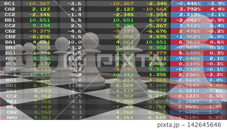 Showing centered white pawn pieces on glossy chessboard, overlaying financial tickers and charts 142645646