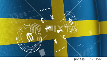 Displaying central fintech motif overlaying Swedish flag fabric, showing bank icons, arrows, € ¥ £ Displaying central fintech motif overlaying Swedish flag fabric, showing bank icons, arrows, € ¥ £ 142645658
