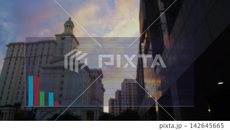 Showing classical domed building glowing on city street, with soft bar chart overlay and glass 142645665