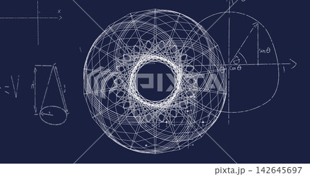 Displaying torus centered on navy blueprint showing ? semicircle with sin or cos and truncated cone 142645697