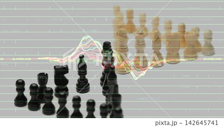 Featuring black chess pieces confronting tan pieces on reflective tabletop, with waveform overlay 142645741