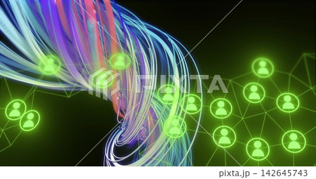 Swirling multicolor ribbon strands streaming center-left in cyberspace, connecting neon user icons 142645743