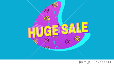 Featuring purple shape with cyan outline, spiral motifs and HUGE SALE text on turquoise banner 142645744