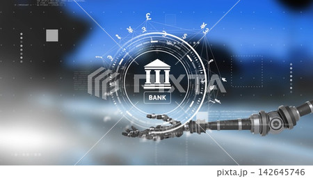 Extending robotic arm reaching toward holographic bank HUD in AR, with currency symbols 142645746