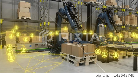 Operating two articulated robotic arms loading cartons on pallet at warehouse with network overlay 142645749
