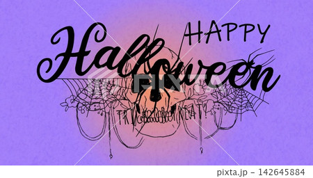 Displaying Halloween poster centered on purple gradient, featuring Happy Halloween lettering, skull Displaying Halloween poster centered on purple gradient, featuring Happy Halloween lettering, skull 142645884