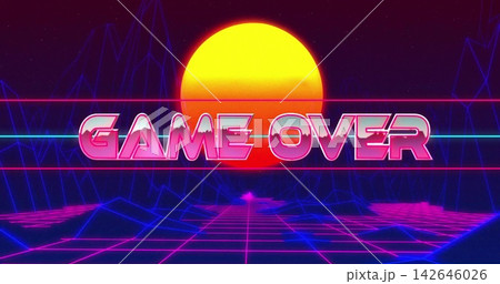 Glowing chrome GAME OVER sign dominating sunset horizon with magenta grid and wireframe mountains 142646026