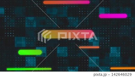 Glowing large yellow-pink gradient bar hovering centered on UI background, with neon bars and tiles 142646029