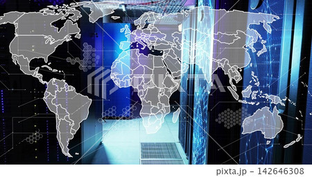 Projecting global map overlay linking server racks in server room aisle, LED strips glowing 142646308