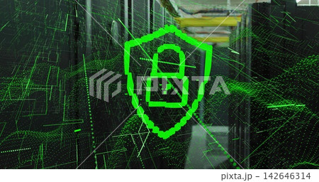 Projecting green holographic shield with padlock over data center aisle, highlighting server racks Projecting green holographic shield with padlock over data center aisle, highlighting server racks 142646314
