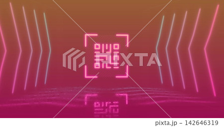 Glowing neon square frame with QR-like glyph emitting pink light in studio mirroring rippled floor Glowing neon square frame with QR-like glyph emitting pink light in studio mirroring rippled floor 142646319