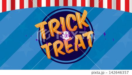 Displaying central circular badge showing TRICK OR TREAT text and ghost on blue striped banner Displaying central circular badge showing TRICK OR TREAT text and ghost on blue striped banner 142646357